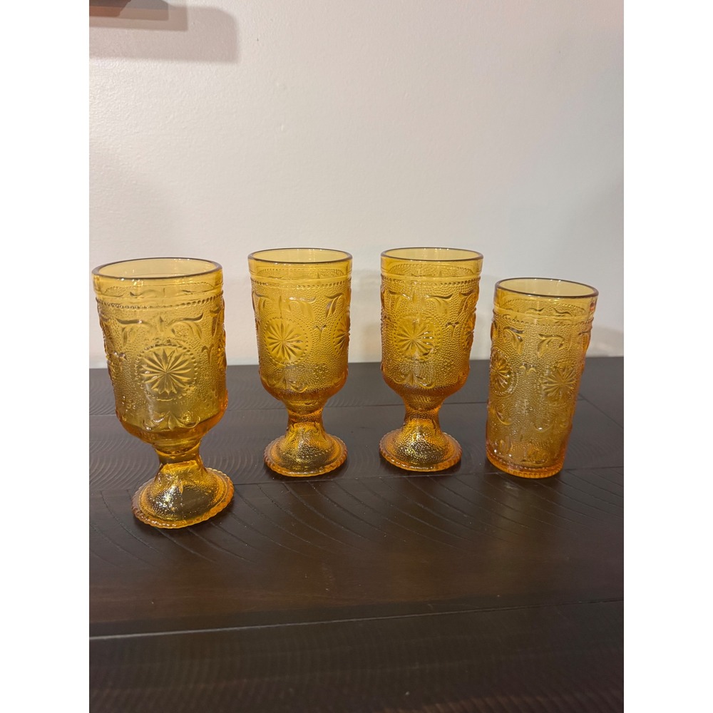 Vintage Tiara Sandwich Amber Glass Goblets and Tumbler Set of 4 Indiana Glass